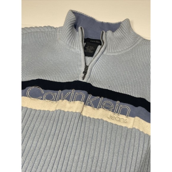 Calvin Klein Vintage Y2K Light Blue Striped Ribbed Quarter Zip Pullover Sweater - Picture 2 of 8